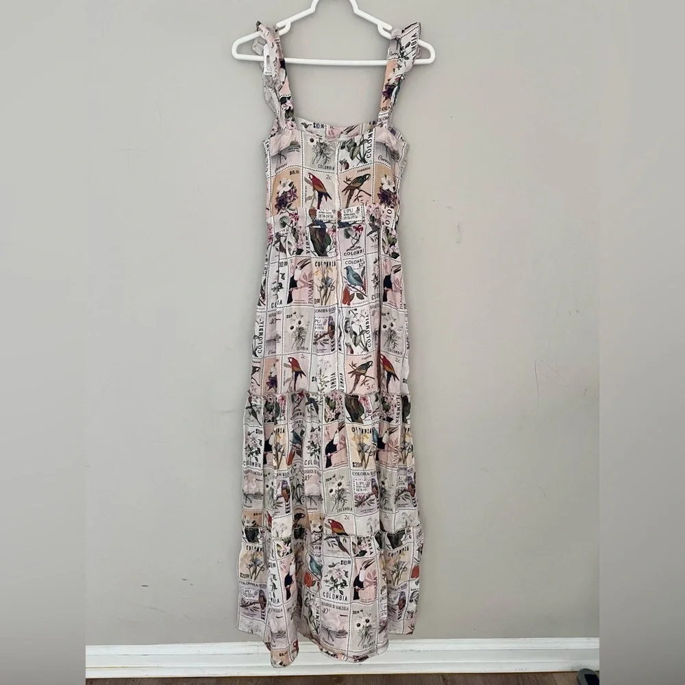 Agua Bendita Postage Stamp Linen Maxi Dress Size Small RARE